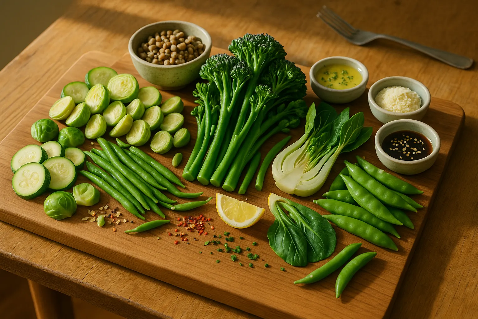 Wooden board with broccolini, Brussels sprouts, green beans, zucchini, bok choy, and sauces.