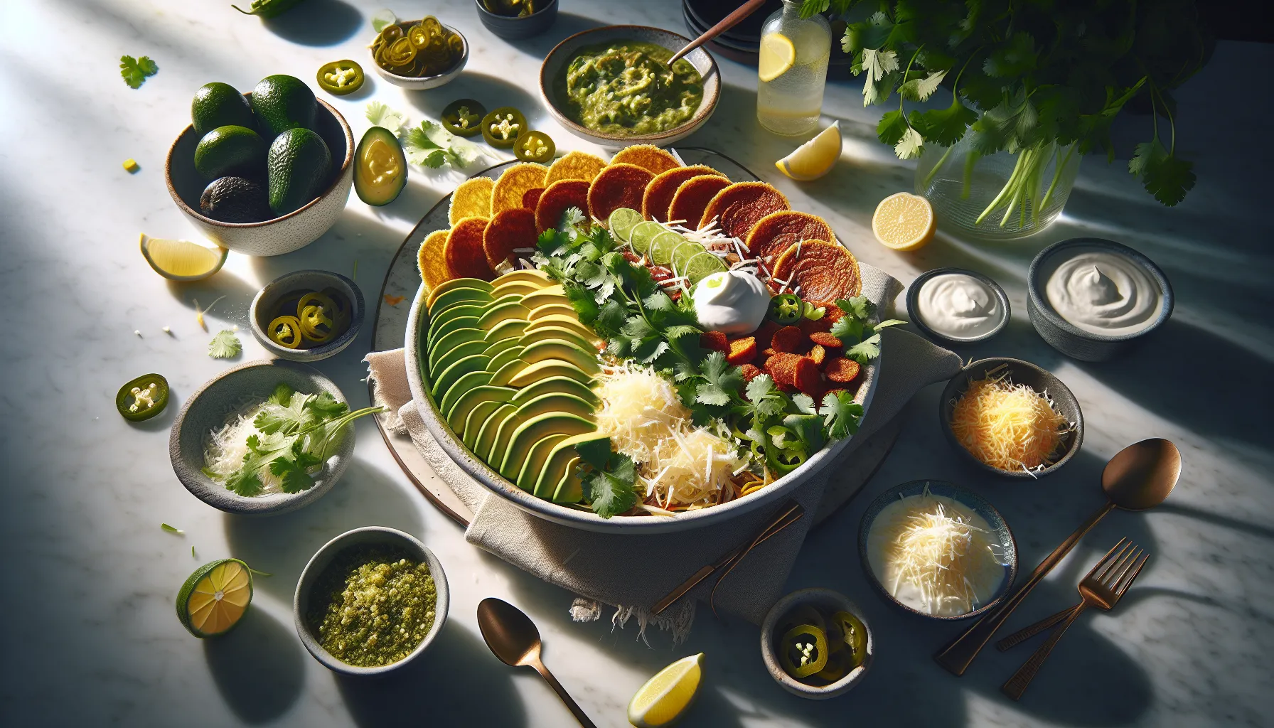 fojatosgarto garnished with avocado, lime, cheese, and jalapeños.