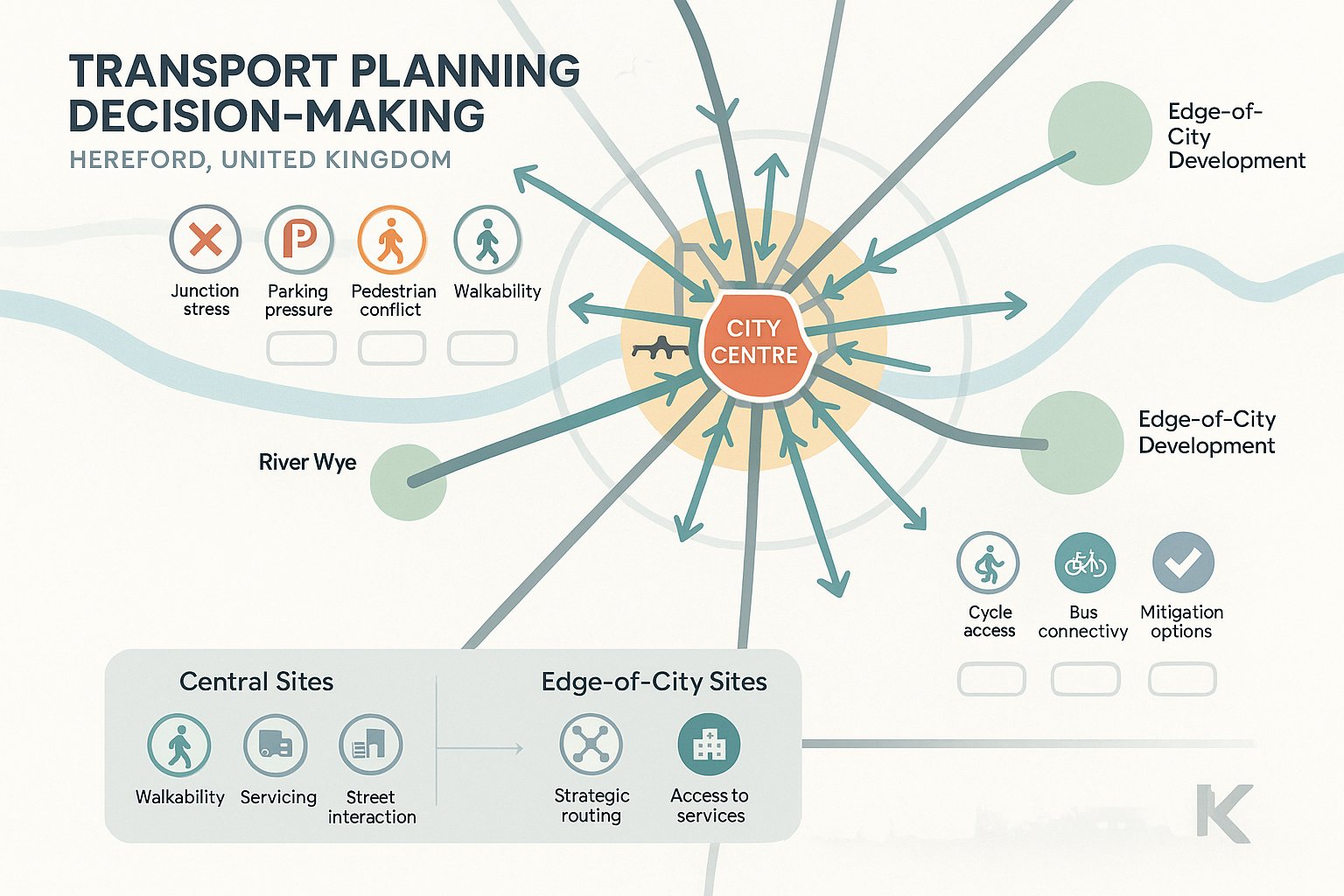 Infographic map of Hereford showing transport constraints, crossings, routes, and sustainable access.