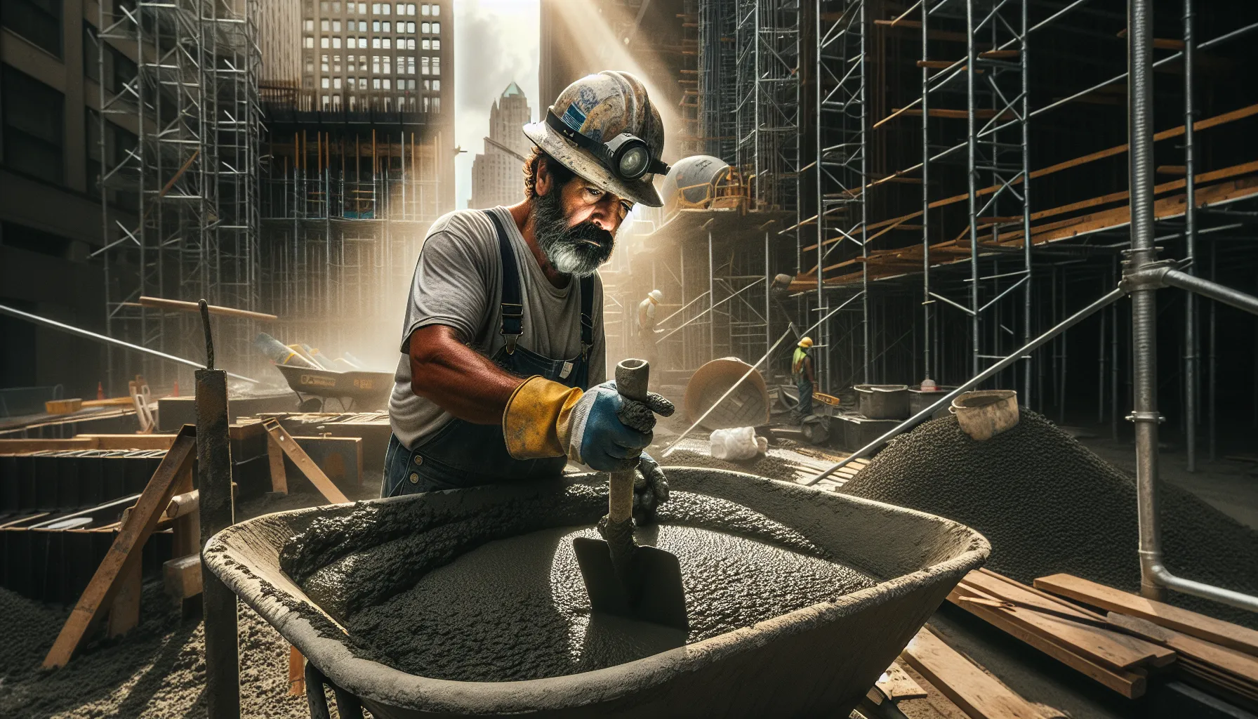 a construction worker mixing concrete at a construction site.
