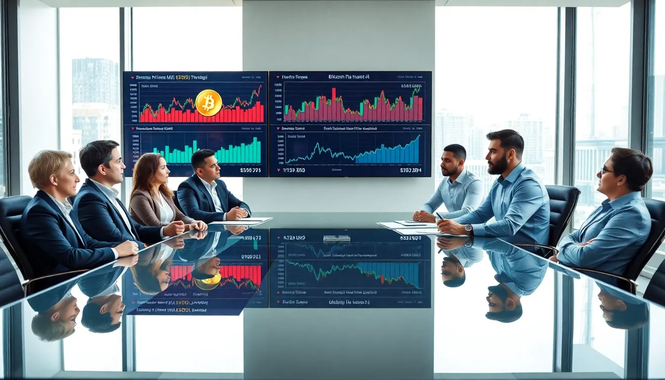 a diverse team discussing cryptocurrency market trends in a modern office.