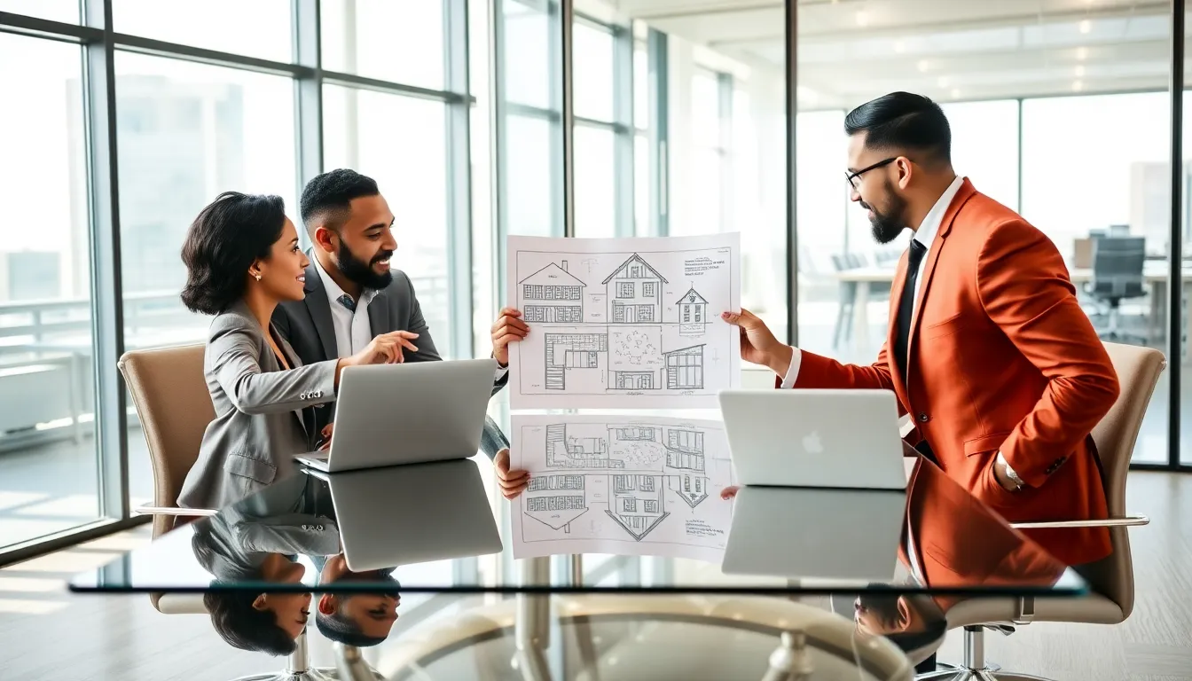 diverse investors brainstorming creative real estate strategies in a modern office.