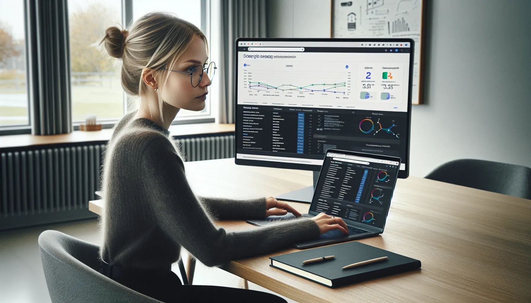 Norwegian marketer analyzing seo results on screens in a modern oslo office.