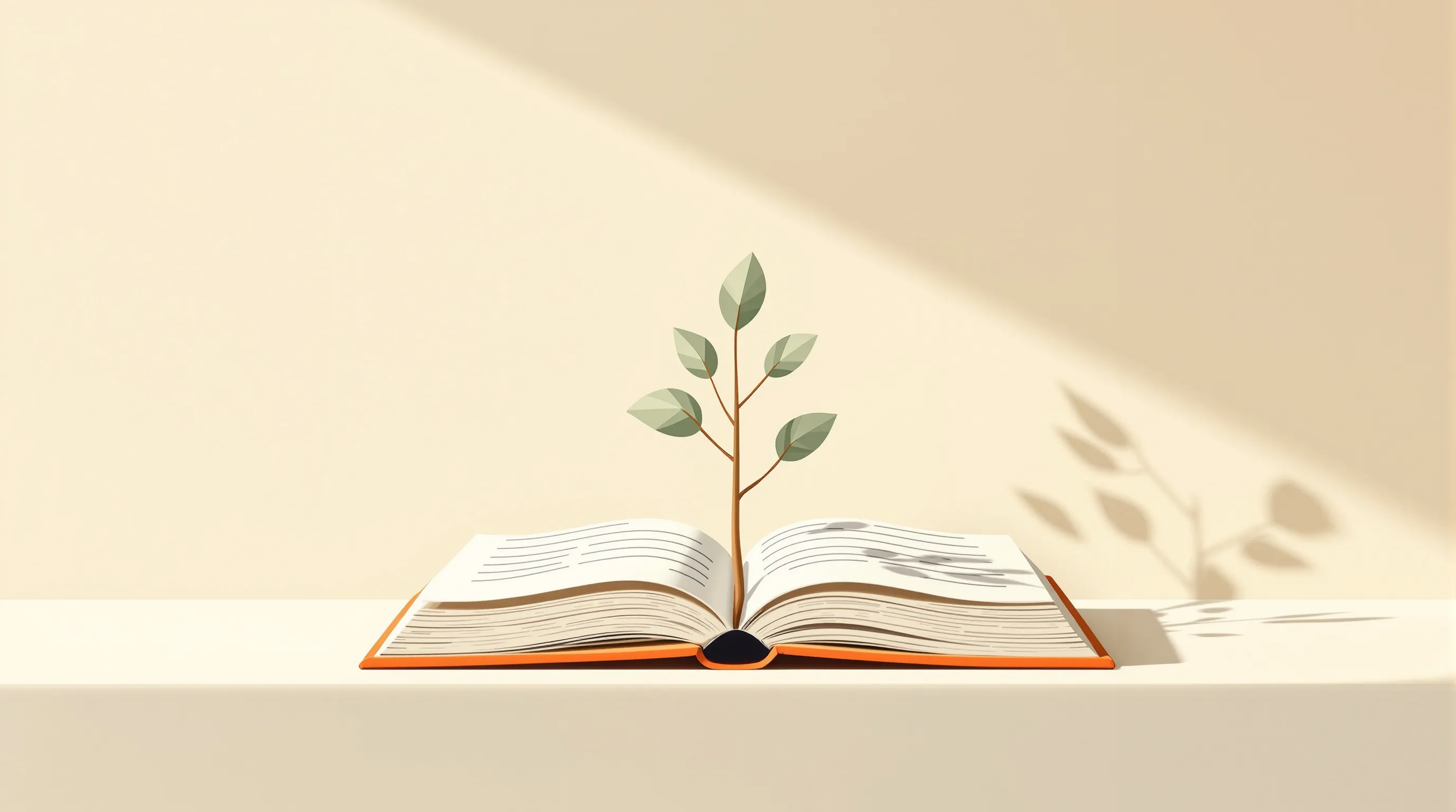 Open book with small tree growing from pages on neutral background.