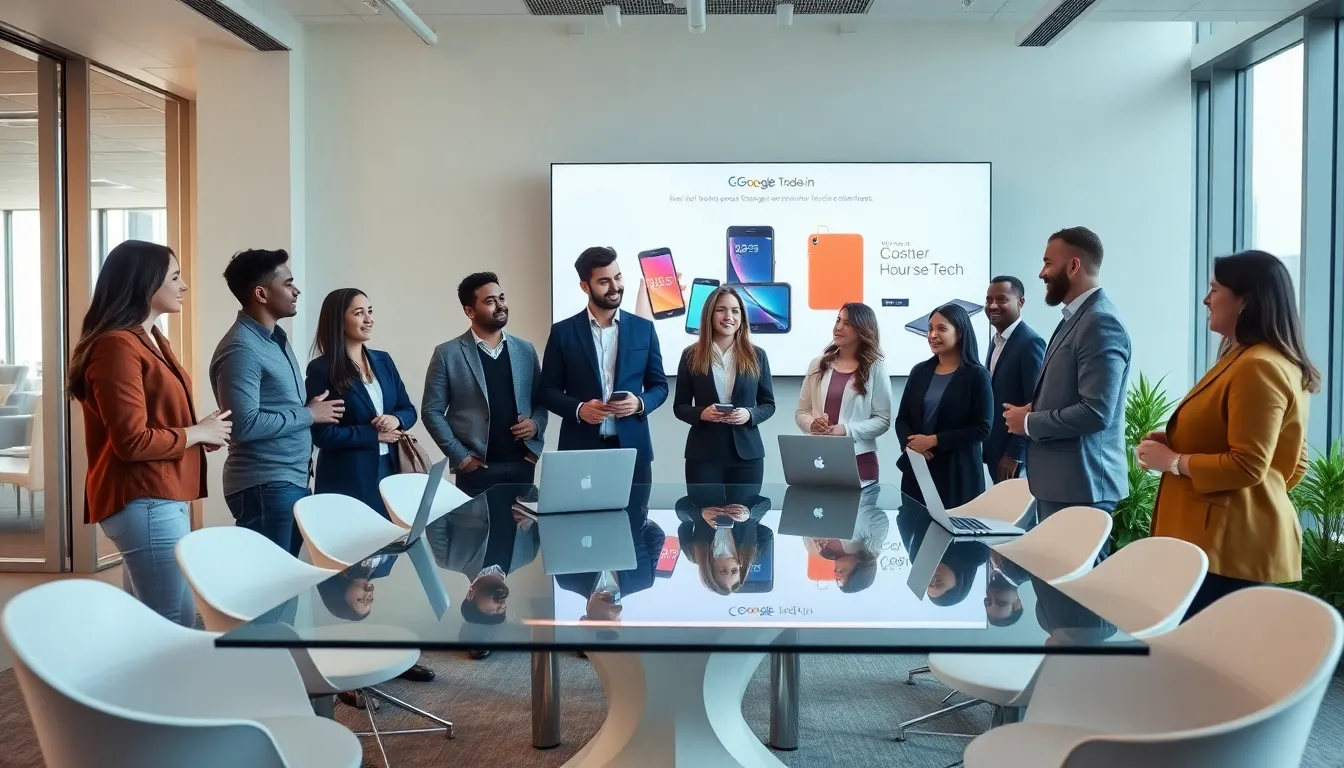diverse professionals discussing Google Trade In in a modern office.