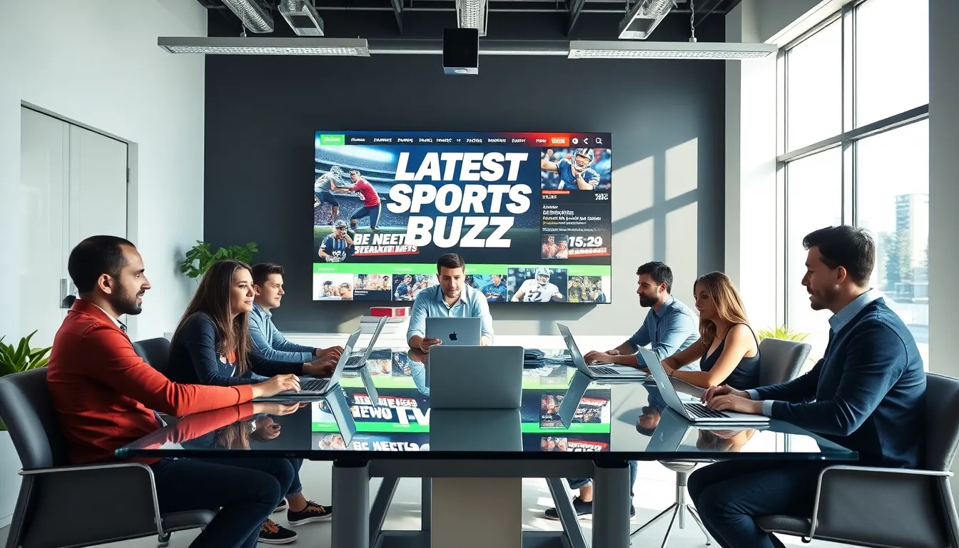 diverse team of sports journalists collaborating in a modern office.