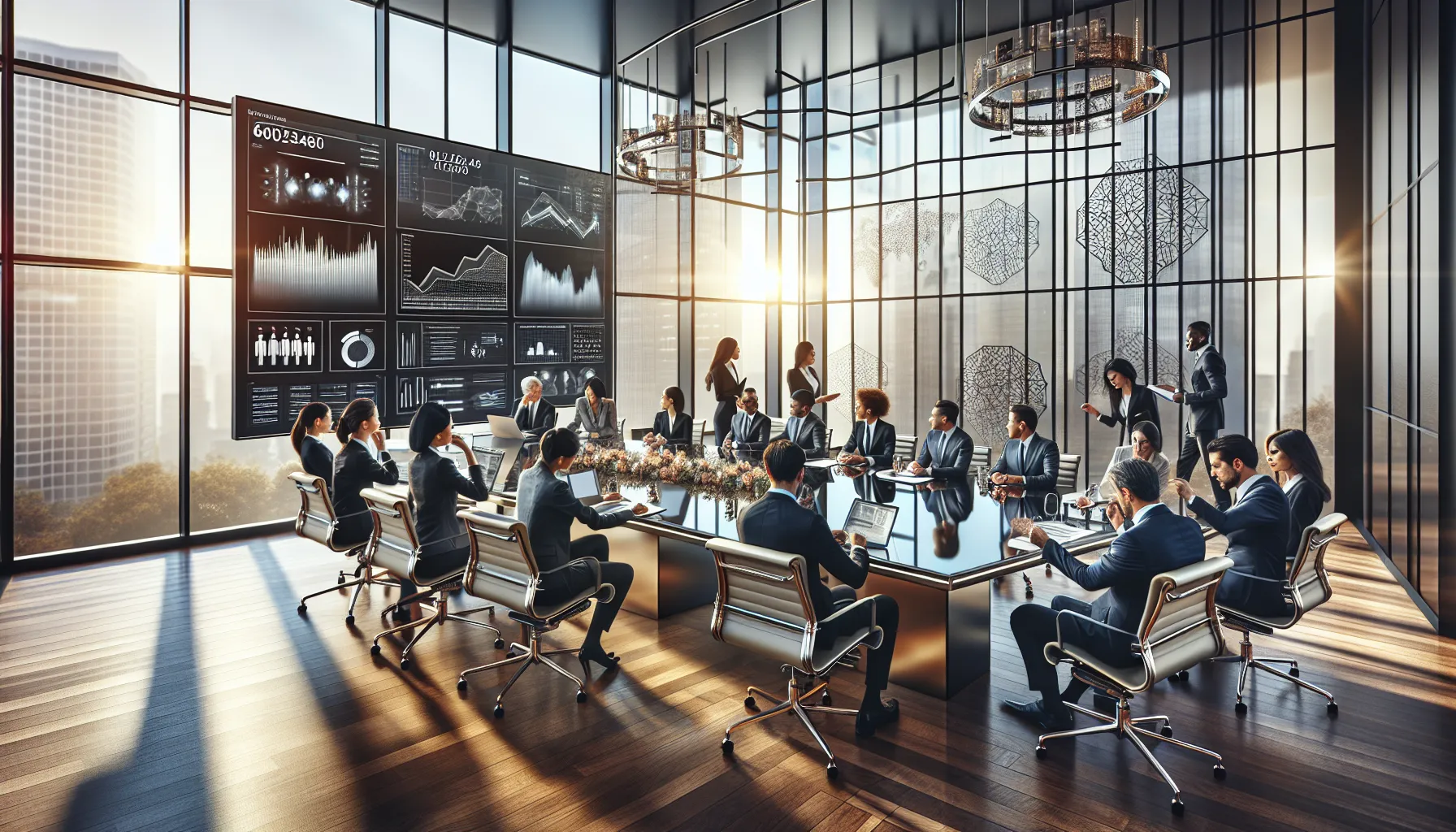diverse professionals discussing strategies in a modern conference room.
