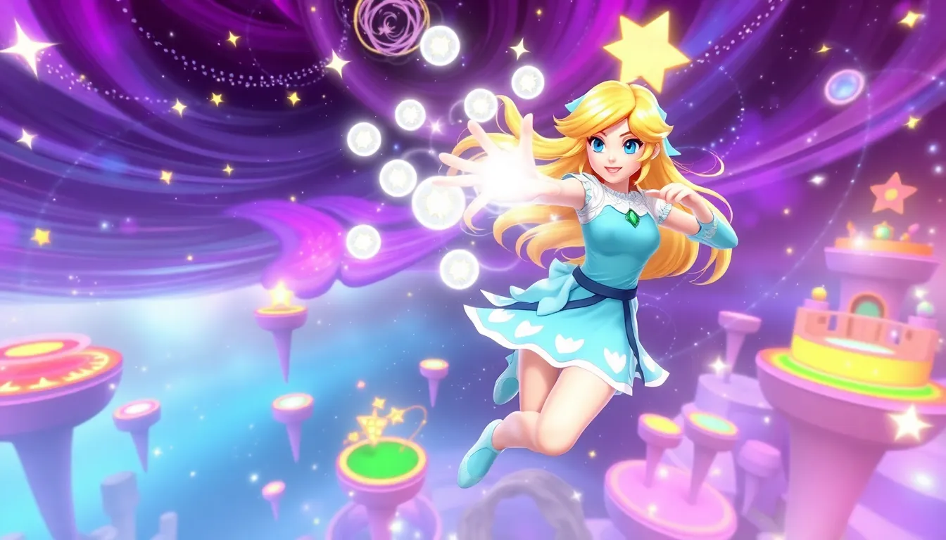 Rosalina performing a spin attack in a colorful cosmic game environment.