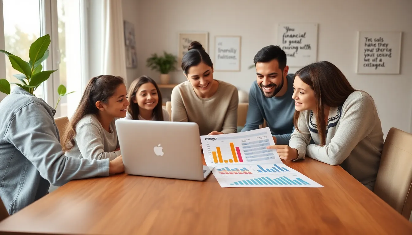 family discussing financial planning at a dining table.