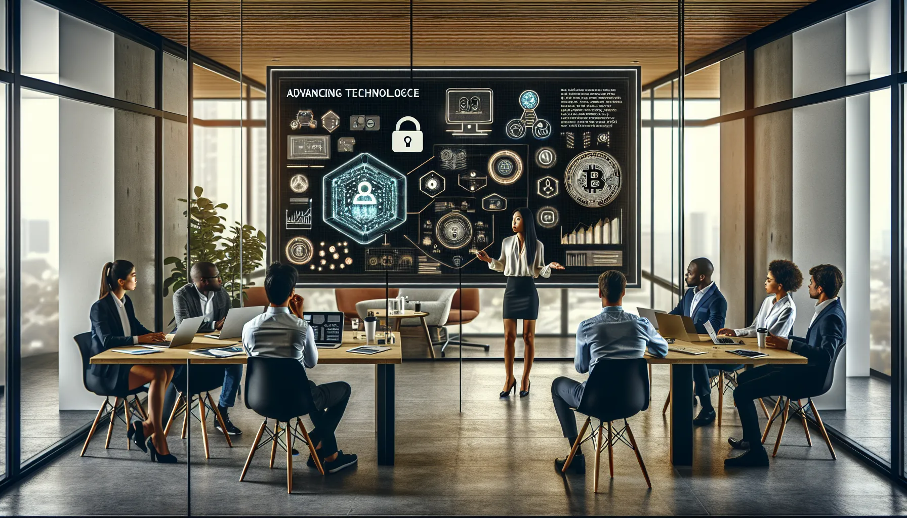 diverse team collaborating on AI and blockchain innovations in a modern office.