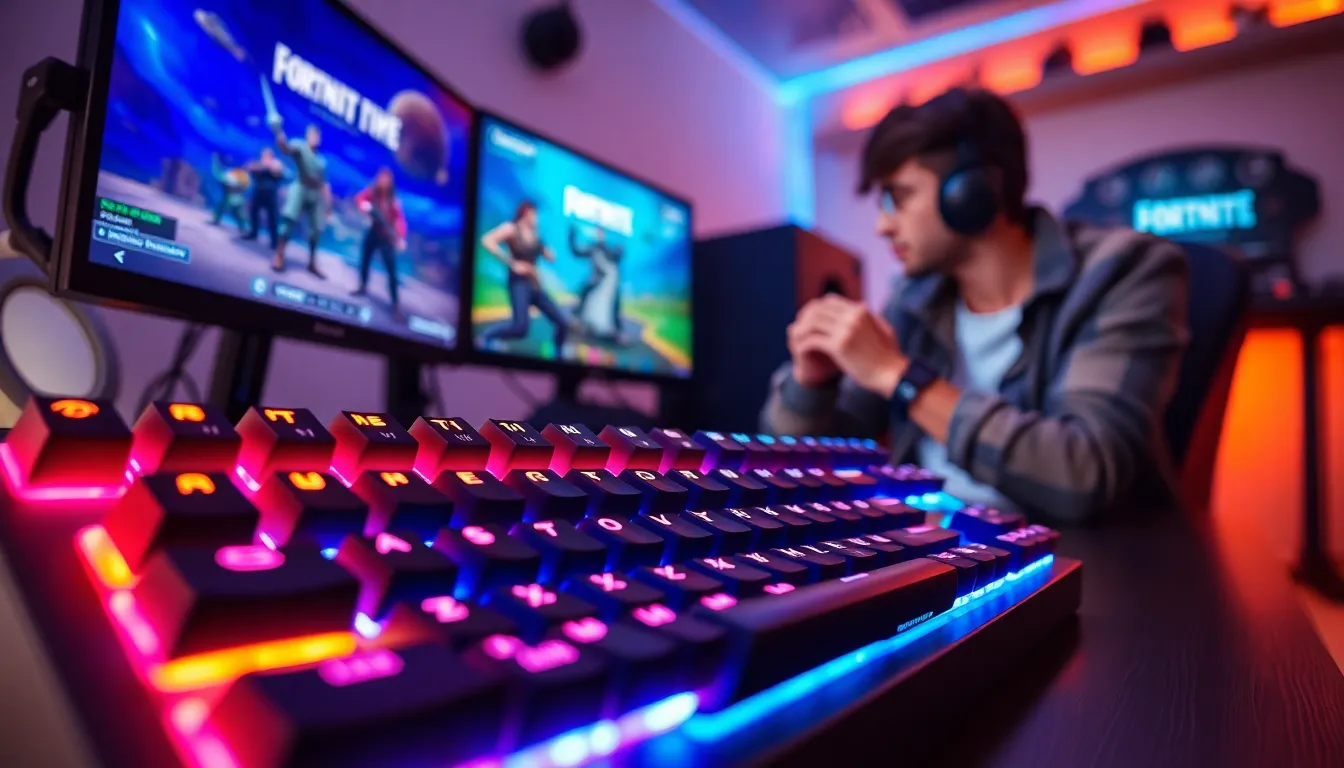 gamer focused on a high-performance keyboard in a modern gaming room.