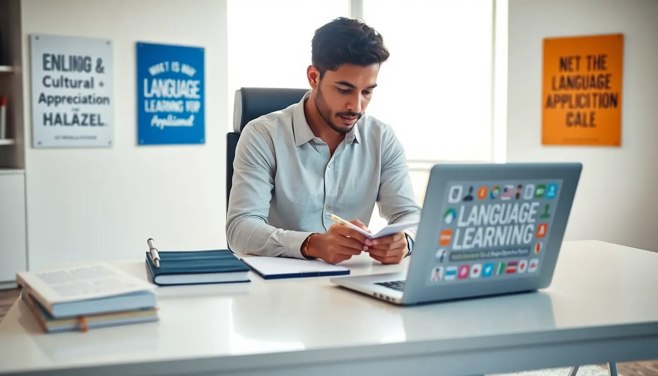 individual studying language materials in a modern office setting.