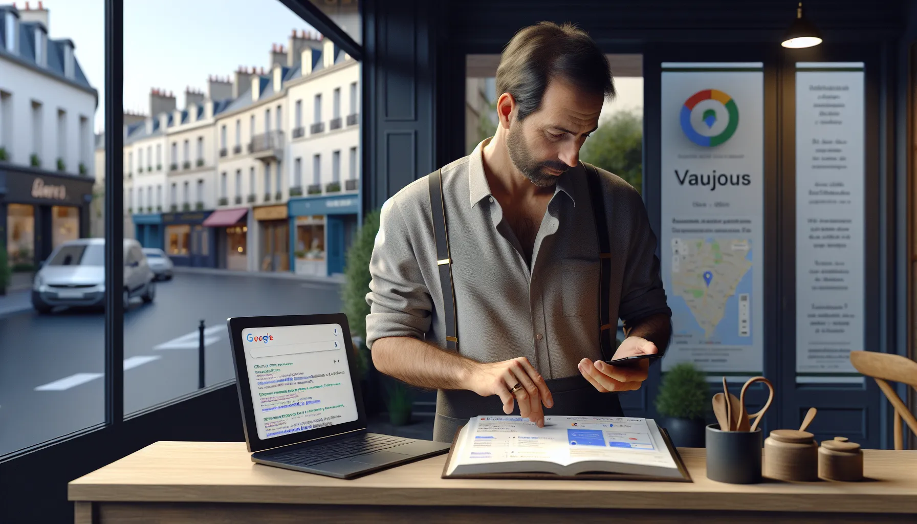 Local business owner in Vaujours checking Google search results on a smartphone.