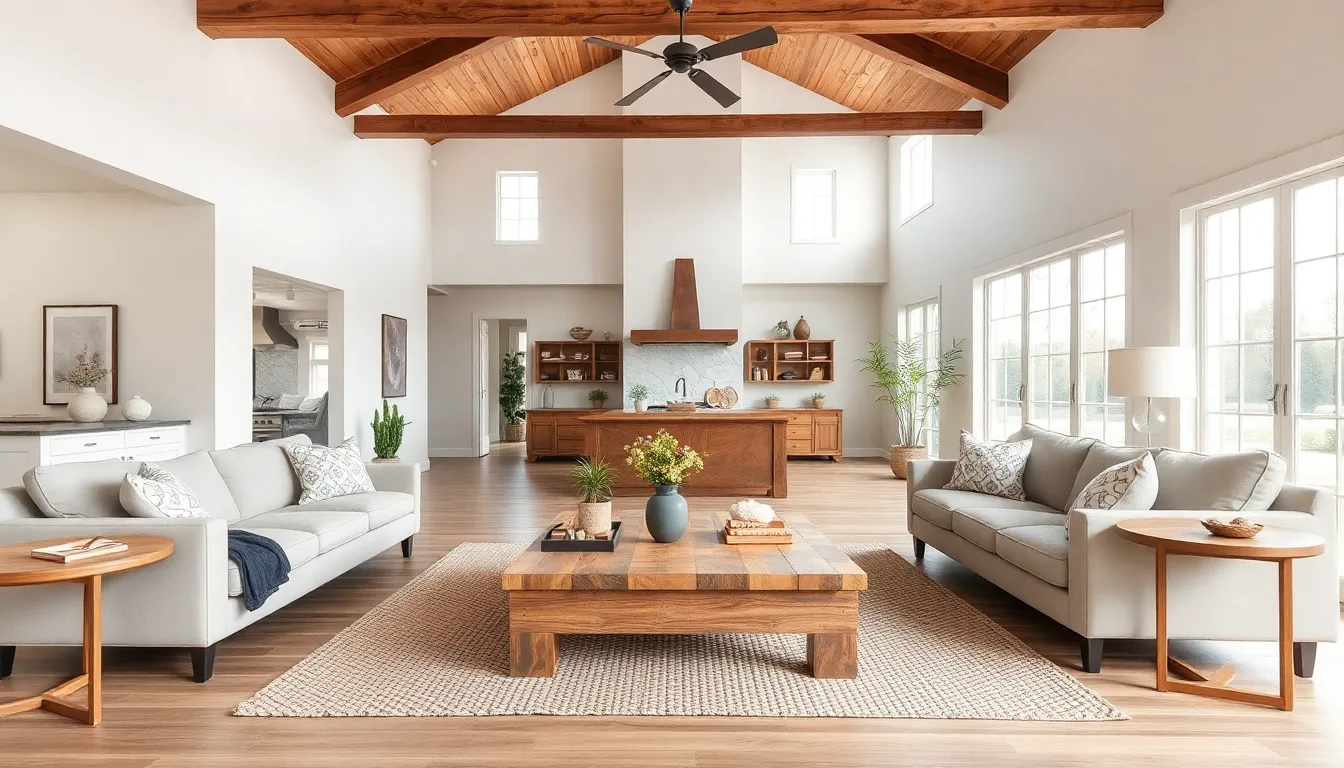 modern farmhouse living room with vintage and contemporary décor.