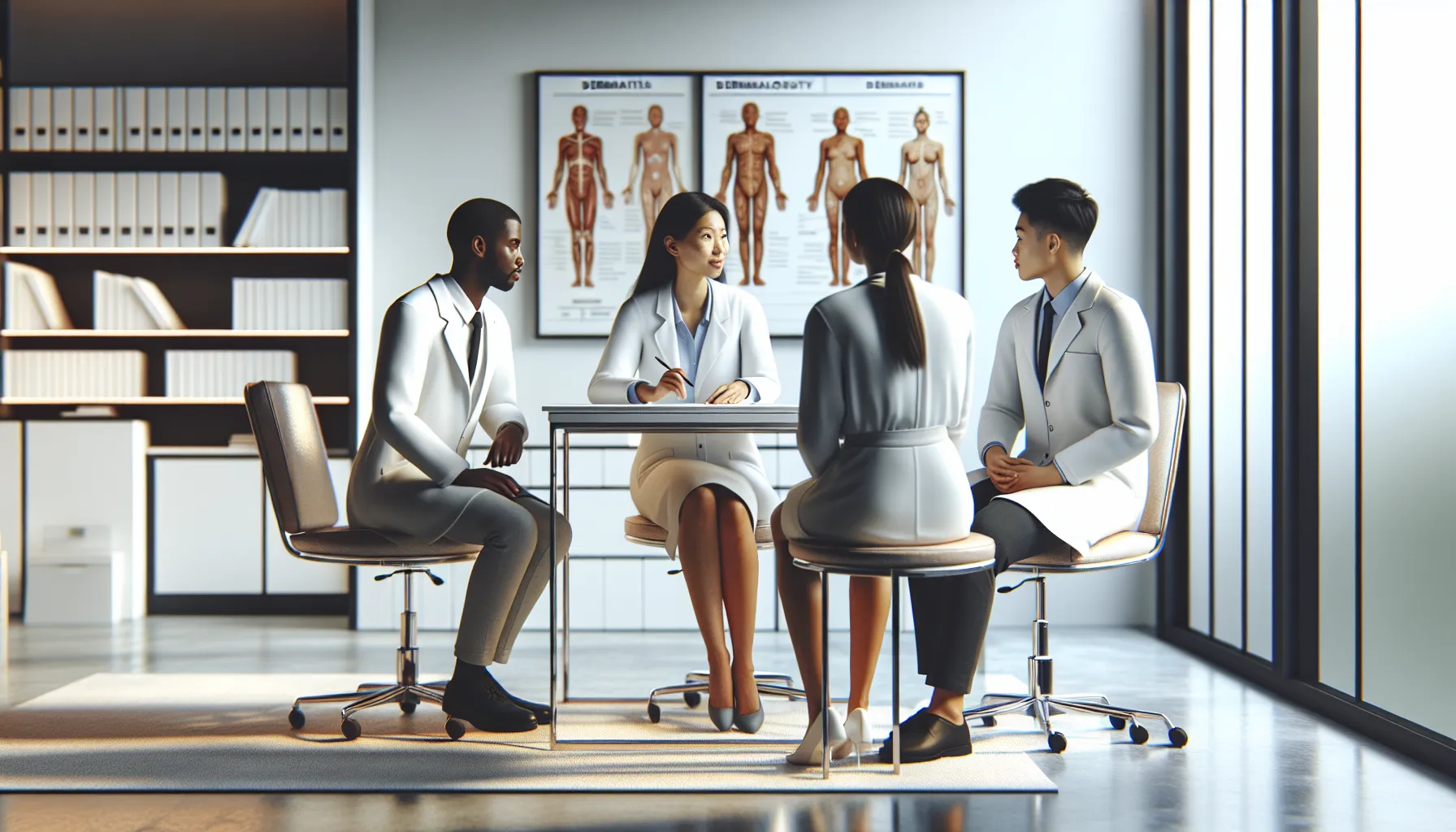 diverse healthcare team discussing dermatitis in a modern medical office.