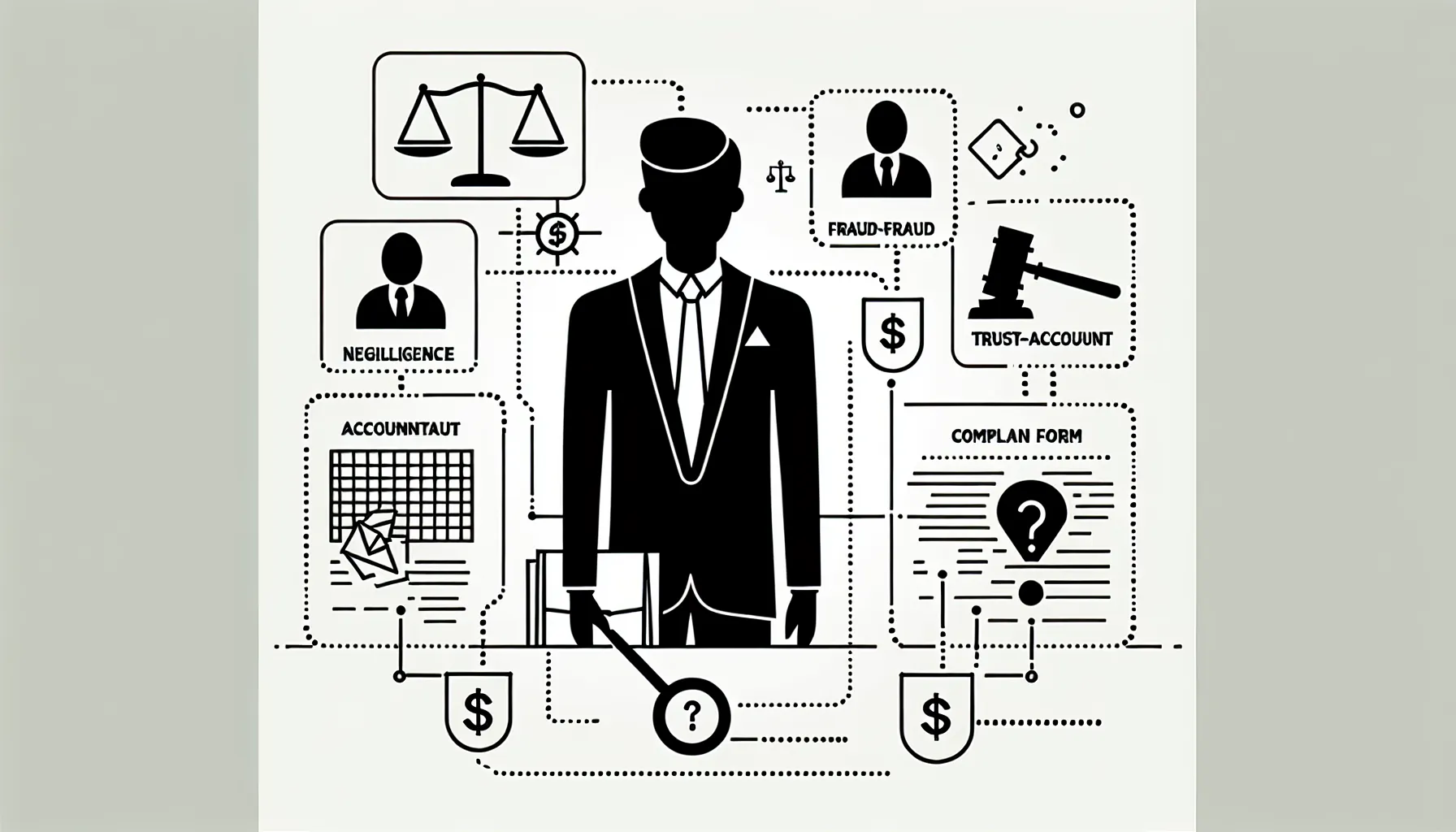 Indiana Accountant License Complaint Process 2 Line art of an accountant with complaint icons, scale, gavel, and files.