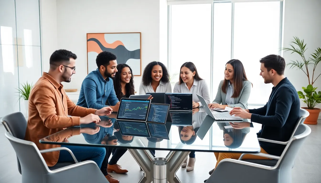 diverse team collaborating in a modern office for a software startup.