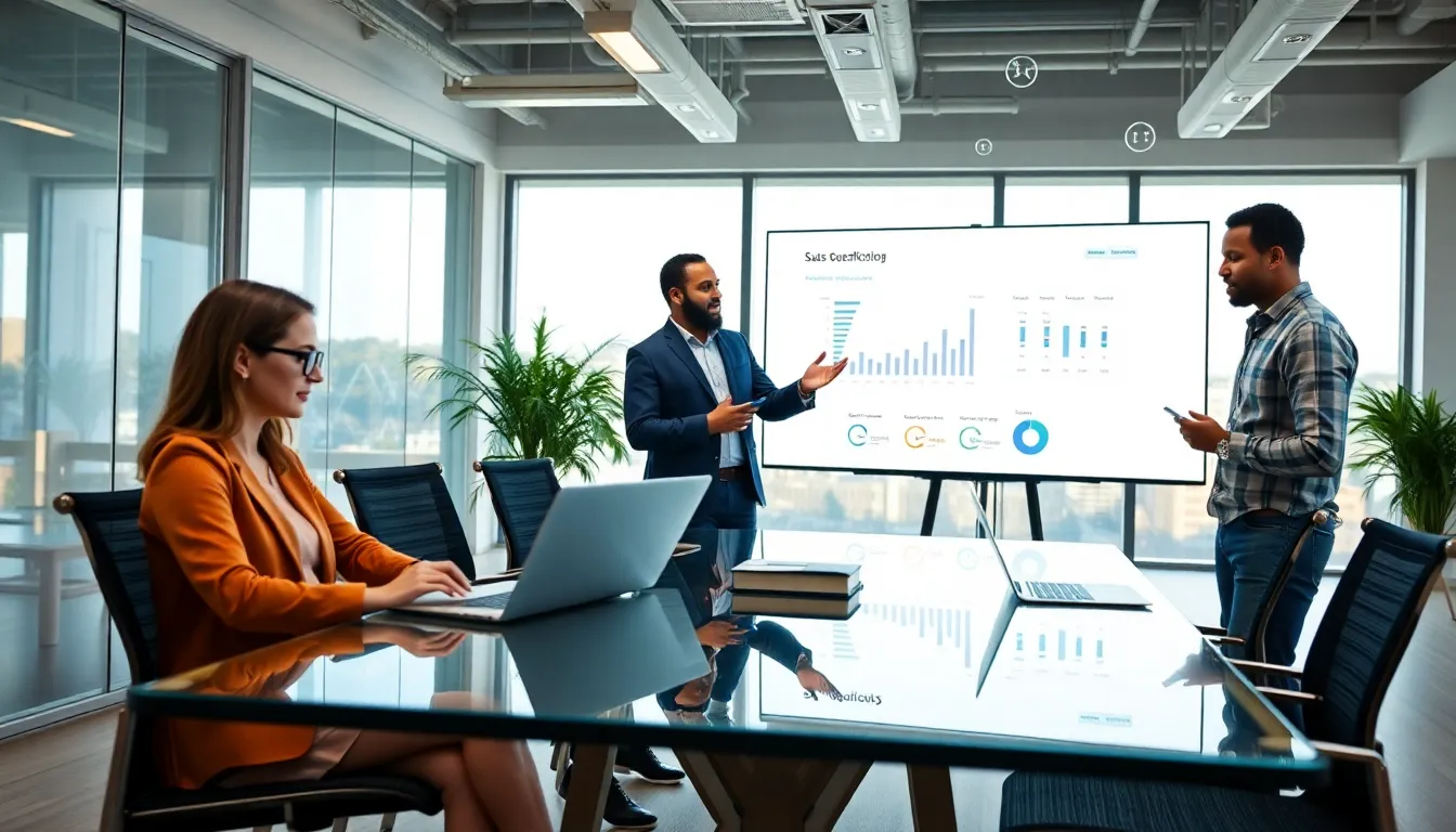 diverse team collaborating on SaaS software development in a modern office.