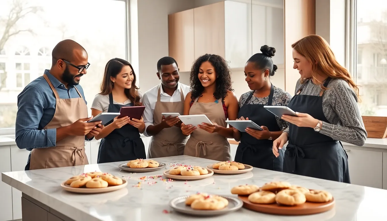 diverse team discussing cookie feedback in a modern kitchen.