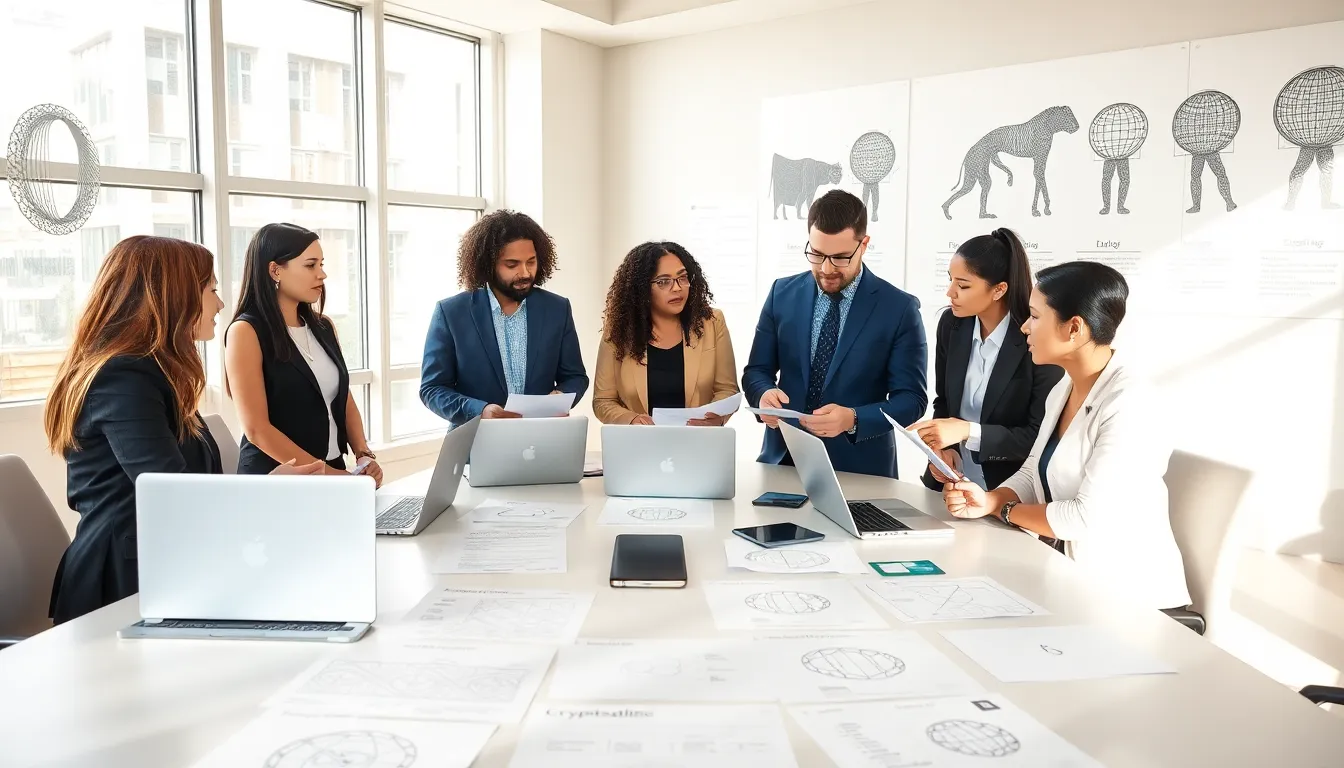 diverse team discussing cryptography in a modern office setting.