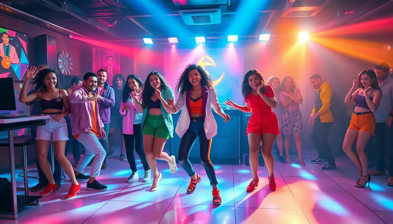 diverse group dancing in a lively nightclub celebrating 2022 dance trends.