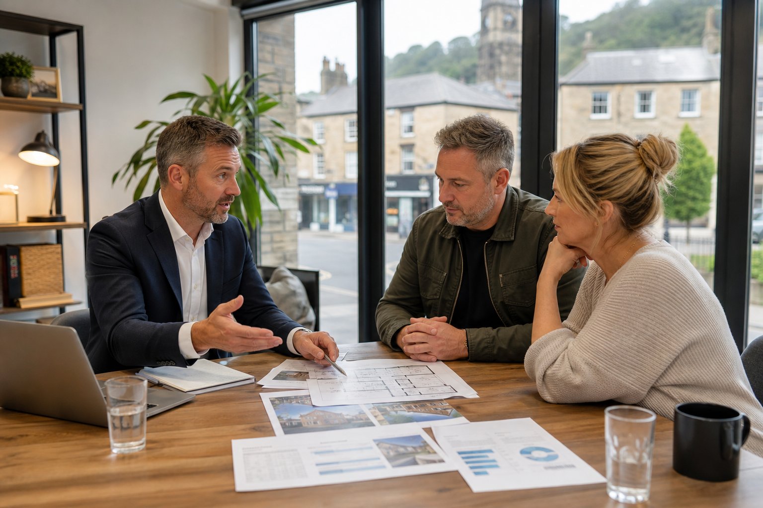 Professional commercial mortgage adviser meeting local clients in a bright modern office, reviewing property and finance documents in a friendly, trustworthy setting.