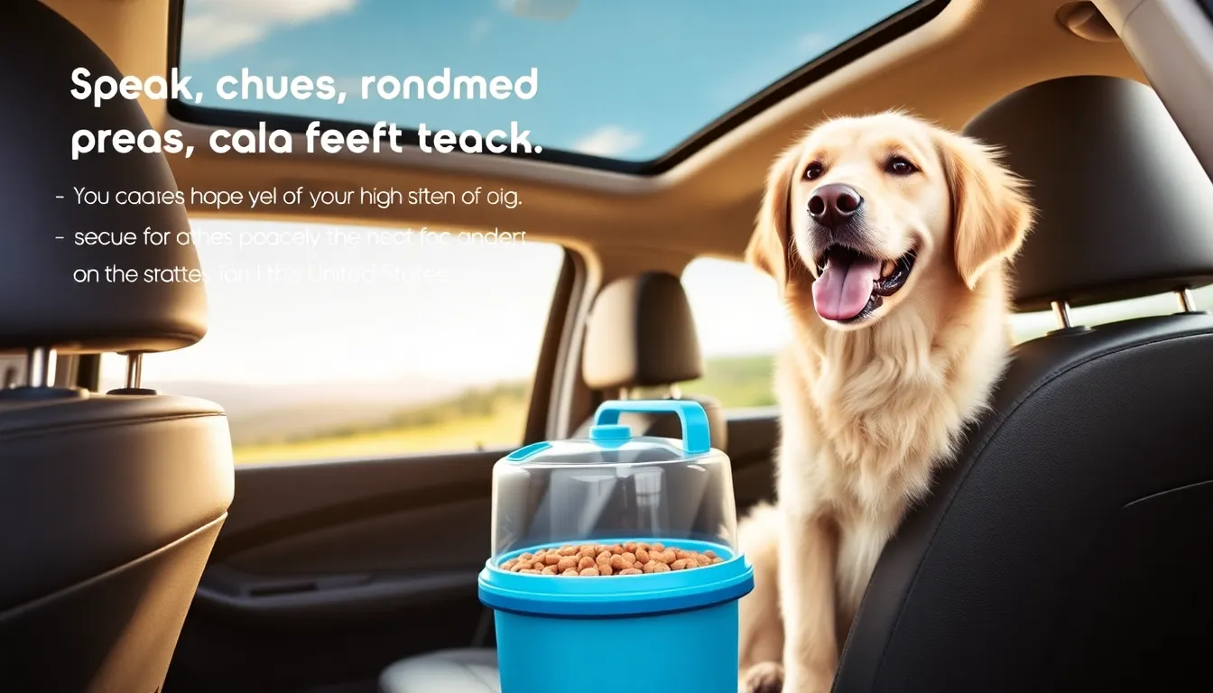 dog food travel container in a car with a dog.
