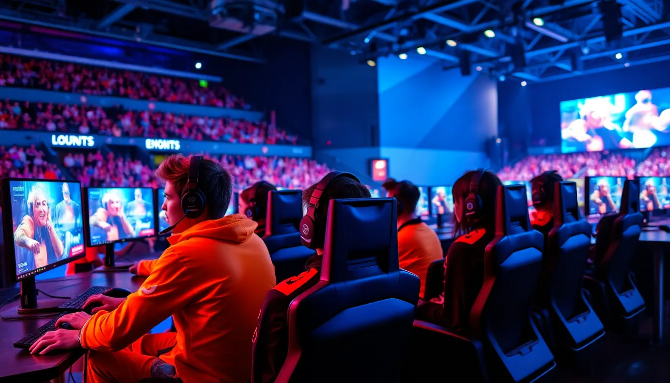 diverse gamers competing in a vibrant esports arena.