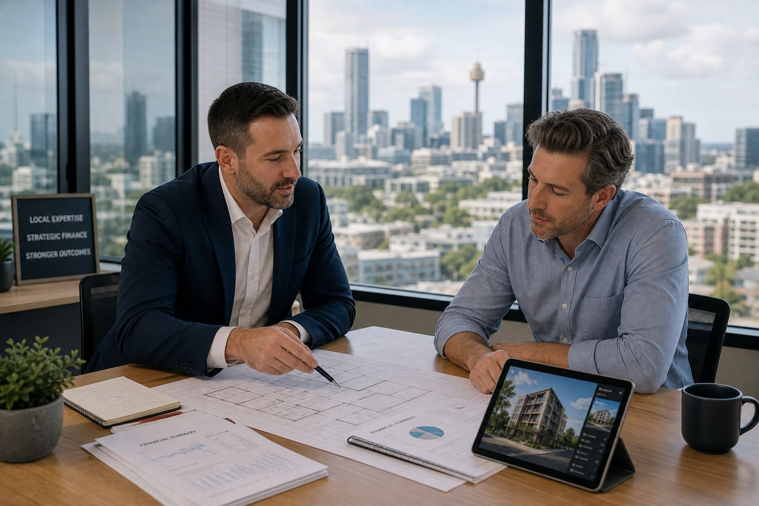 Commercial Mortgage Broker Burnley for Commercial Property Finance 2 Commercial mortgage broker consulting with a client in a modern office, reviewing property plans and financing documents with a city skyline in the background.