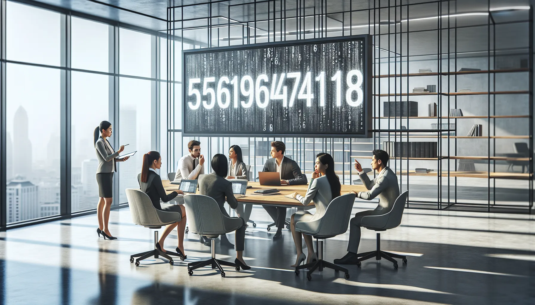 diverse professionals discussing the cultural significance of numbers in a modern office.