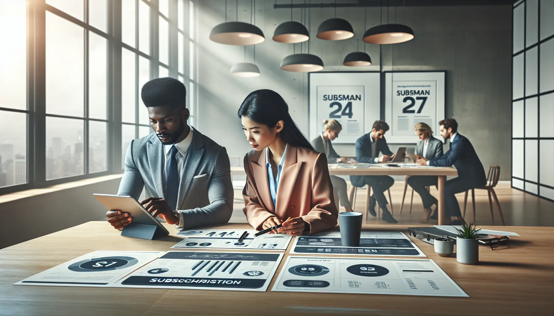 professionals collaborating in a modern office using the Subsman2 application.