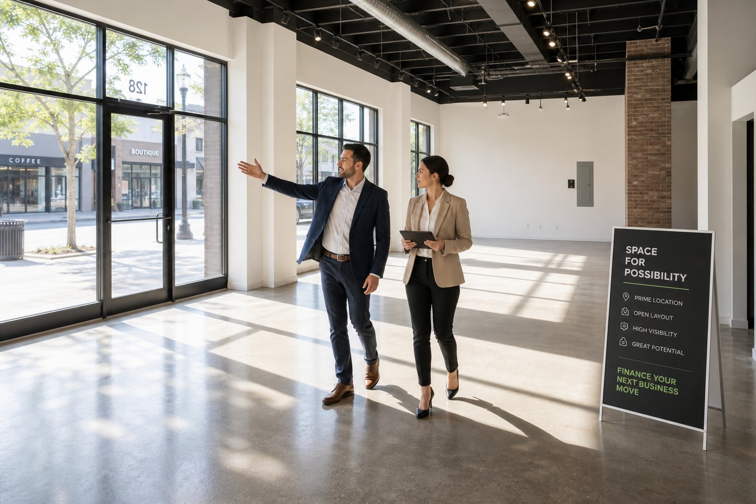 Two professionals inspecting an empty retail unit with natural light streaming through the windows.