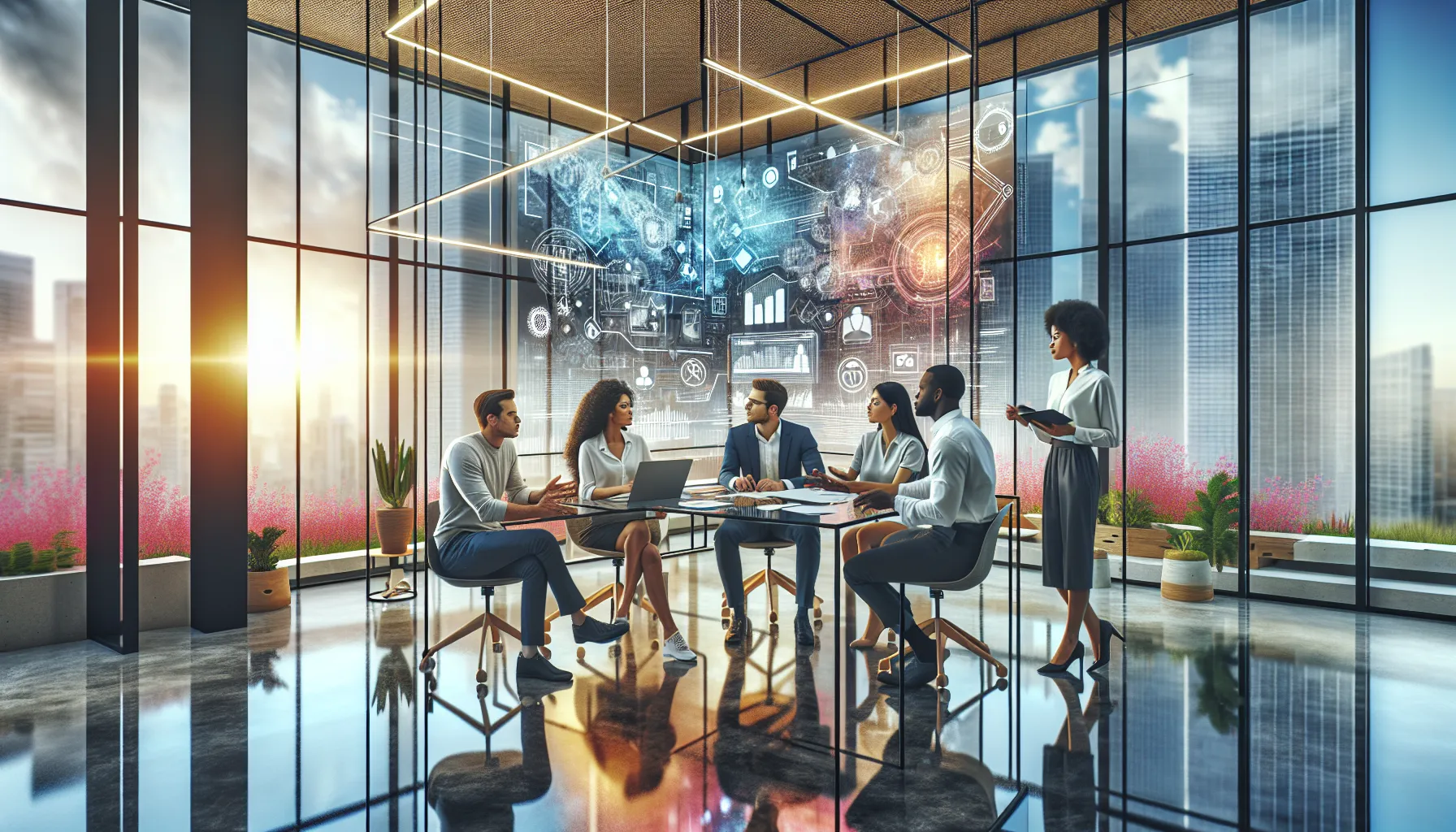 diverse team brainstorming in a modern office environment.