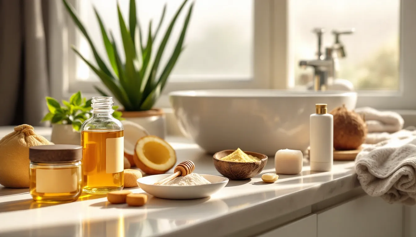 Natural Ayurvedic personal care products arranged on a bright bathroom countertop.