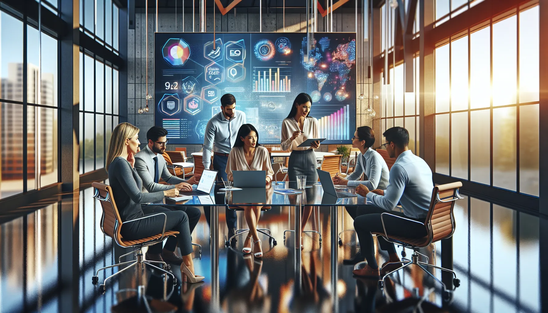 diverse team discussing digital marketing strategies in a modern office.