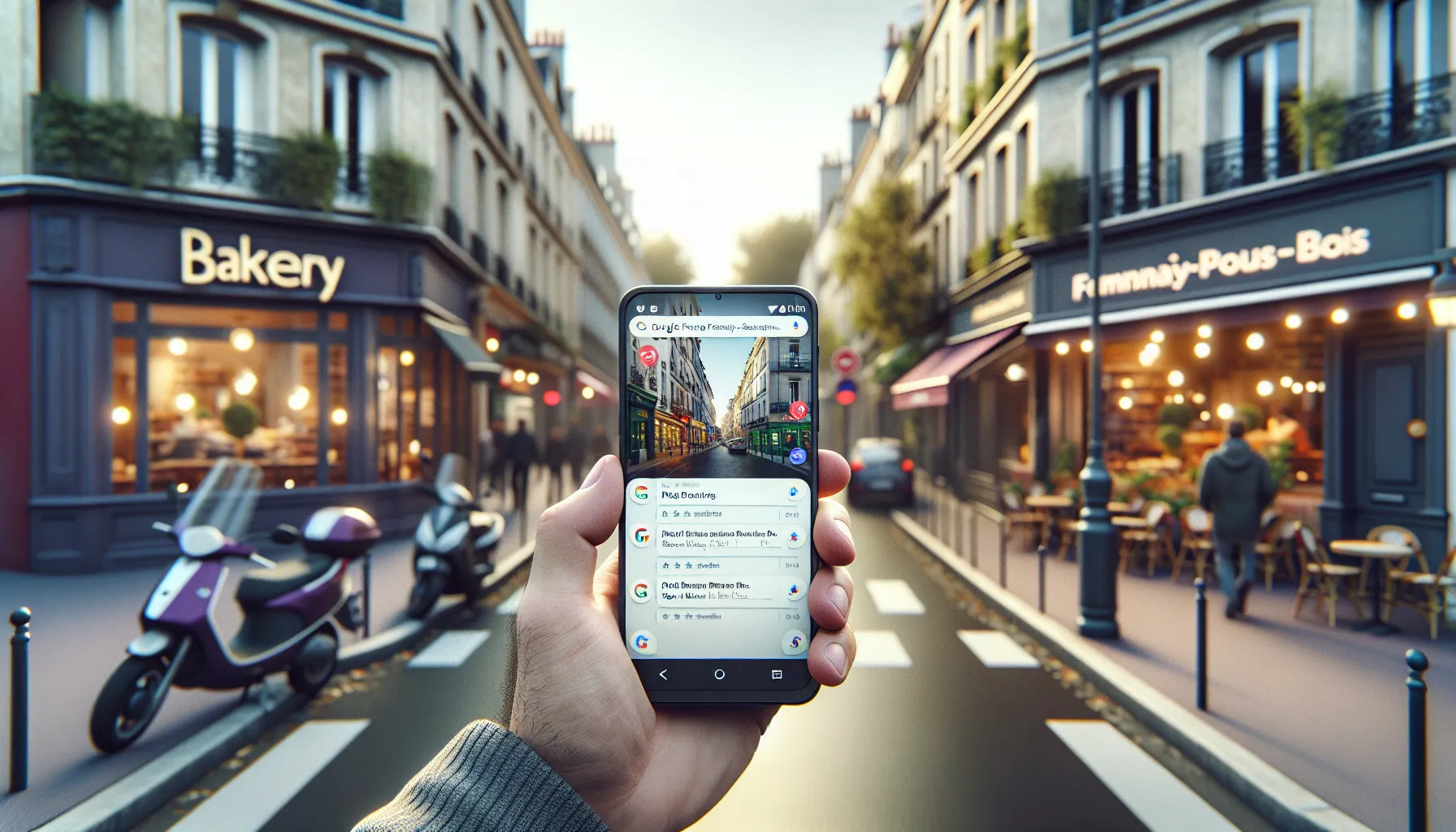 Person in Fontenay-sous-Bois checking local Google Maps results on a smartphone.