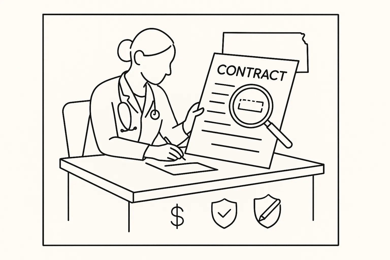 A nurse practitioner at a desk reviewing a contract with a magnifying glass.