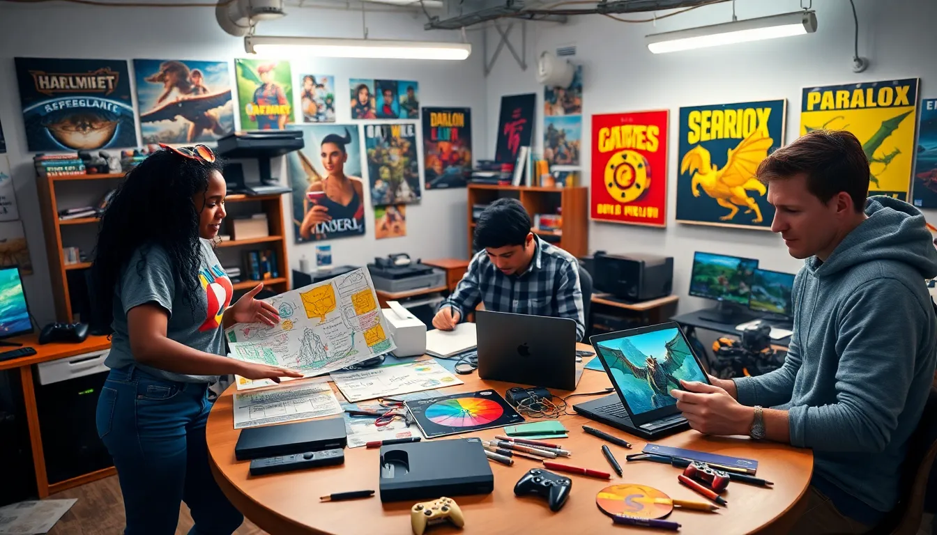 a diverse group of game developers collaborating in a vibrant studio.