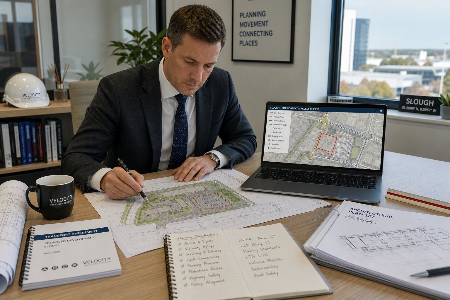 Traffic engineer reviewing planning application plans in a modern UK office.