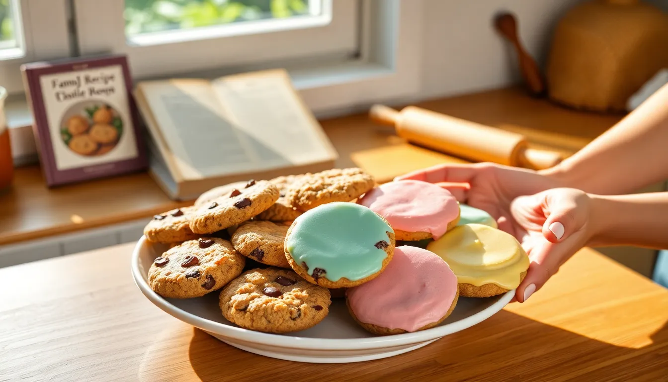 A plate of assorted cookies in a warm kitchen setting.