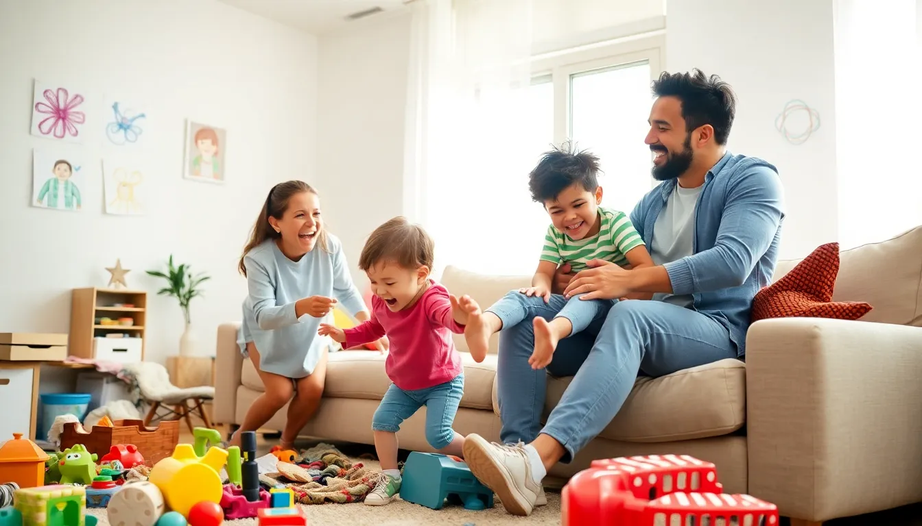 diverse family experiencing humorous parenting fails in a living room.