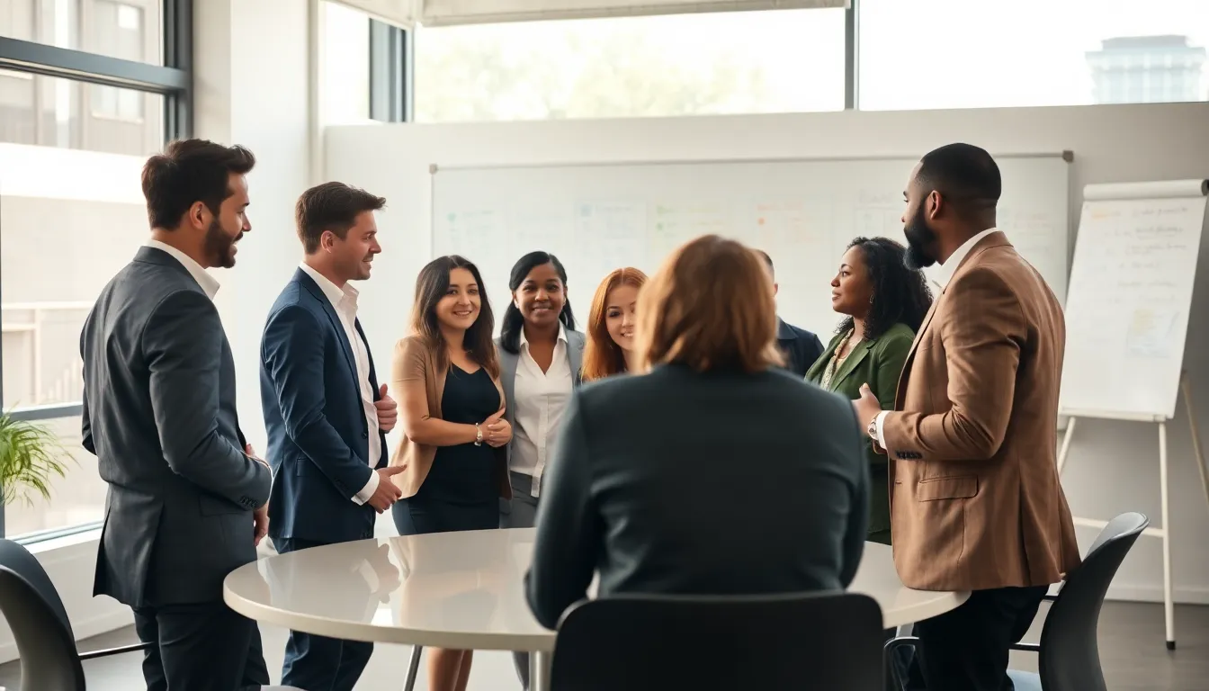 diverse group discussing in a modern professional setting.