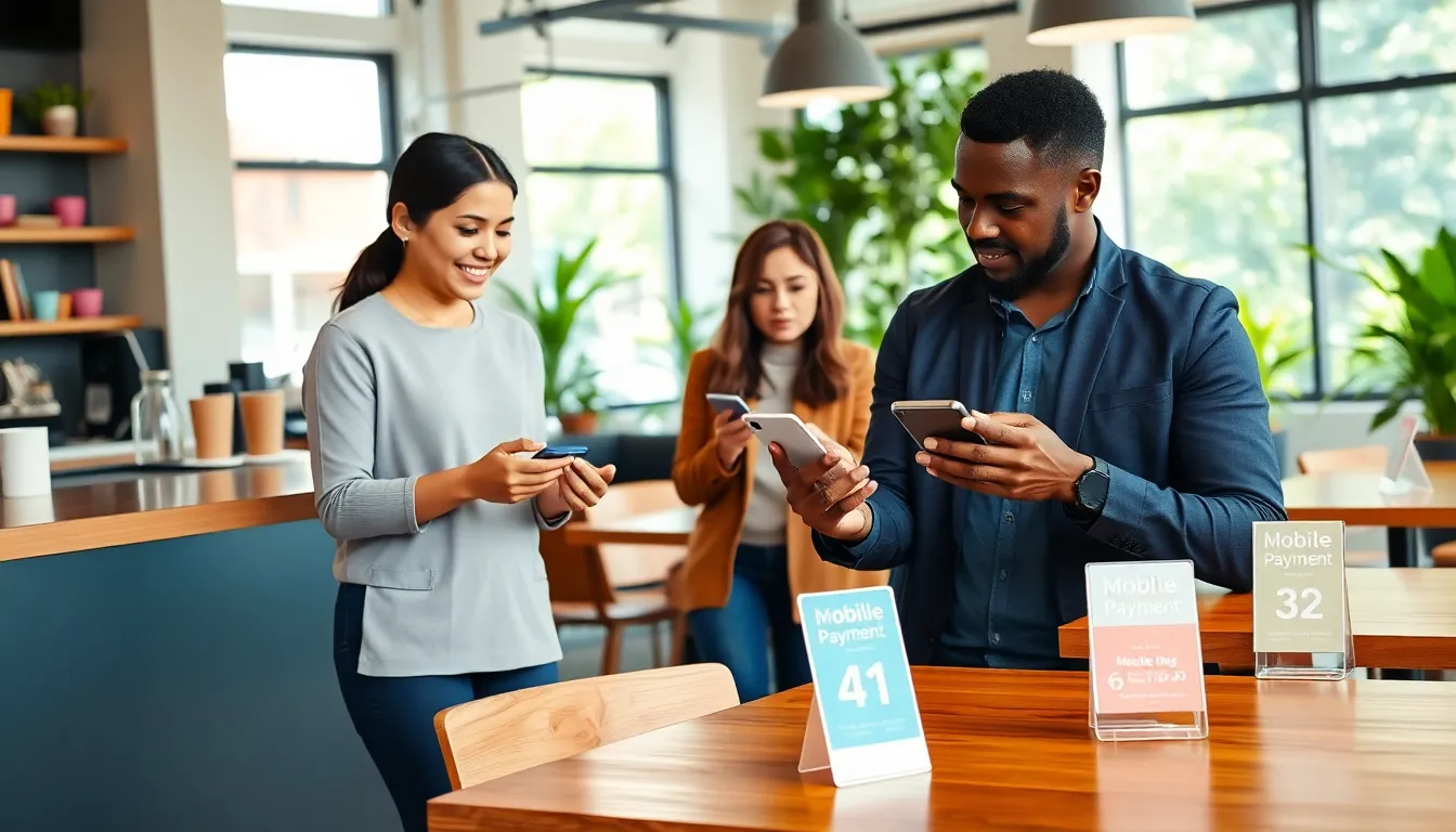 small business owners using mobile payment apps in a caf&eacute;.