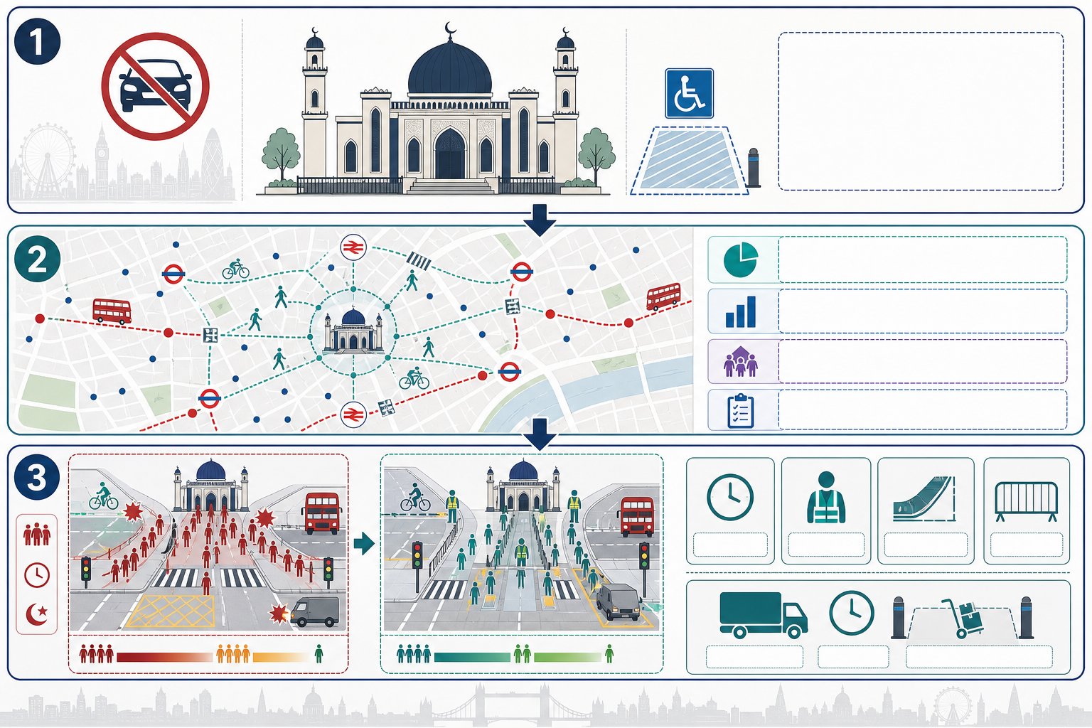 Infographic showing key tests for a car-free mosque transport assessment in London.