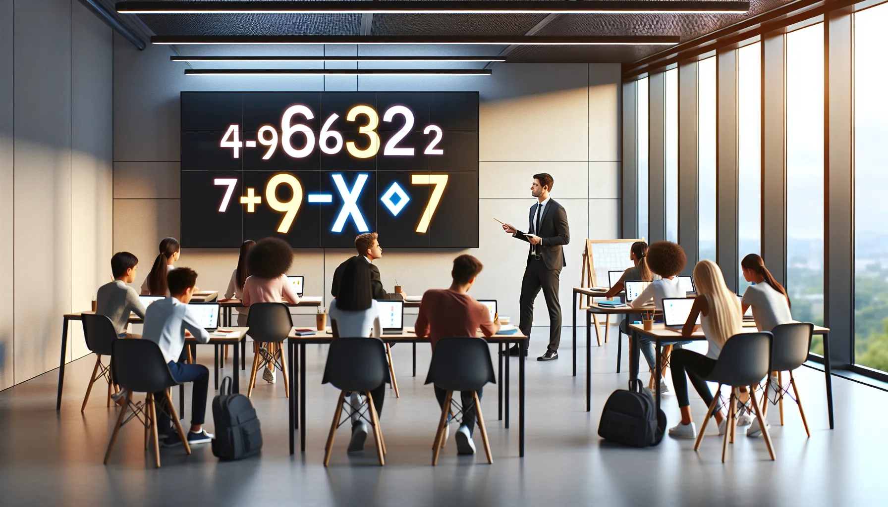 students collaborating in a modern classroom learning multiplication.