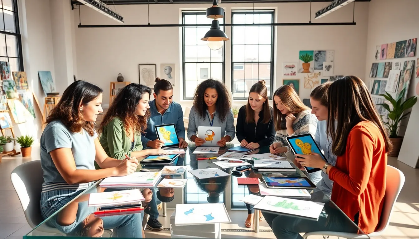 diverse artists collaborating in a bright, modern workspace.