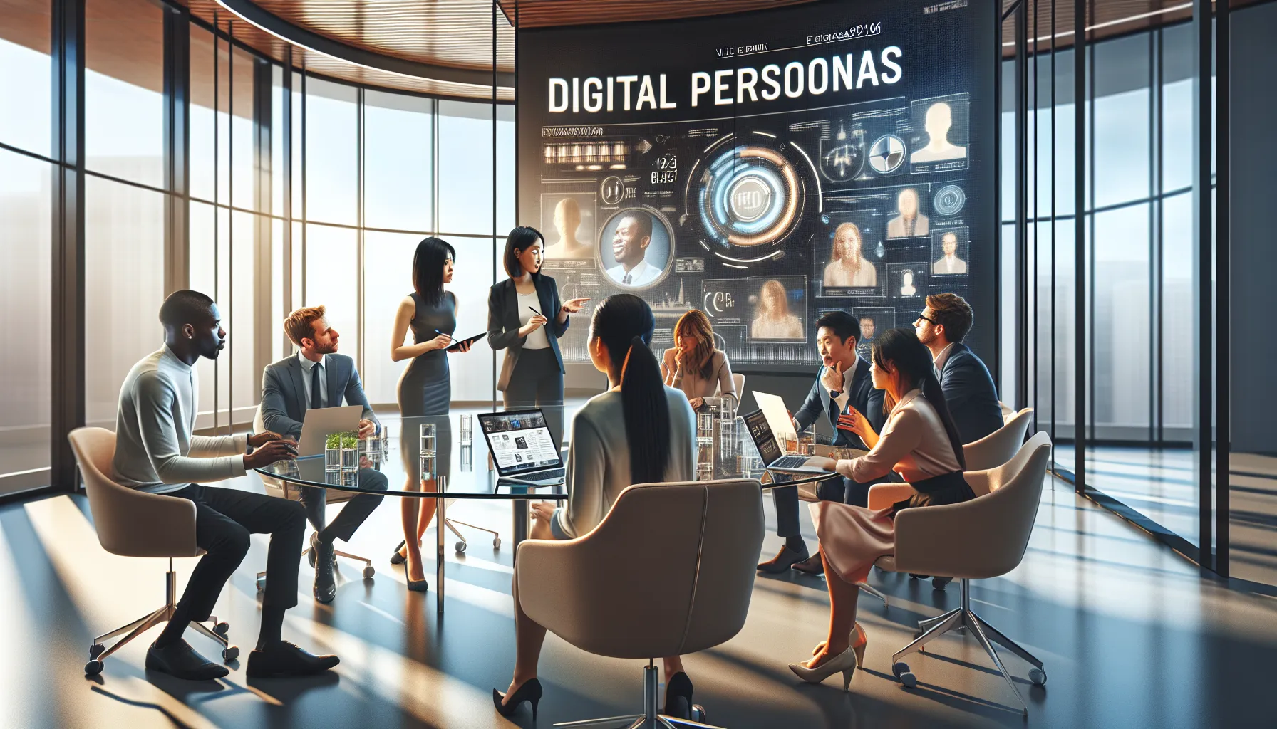 diverse professionals discussing digital culture in a modern office.