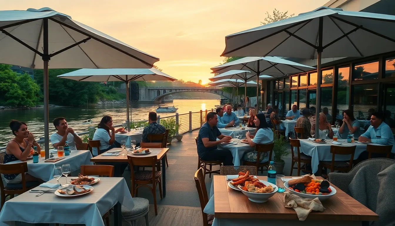 people dining at a seafood restaurant by the river at sunset.