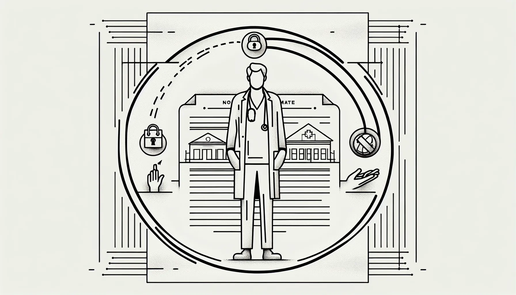 Line art of veterinarian inside a dashed geographic boundary with contract and icons of Veterinary Non-Compete Basics.