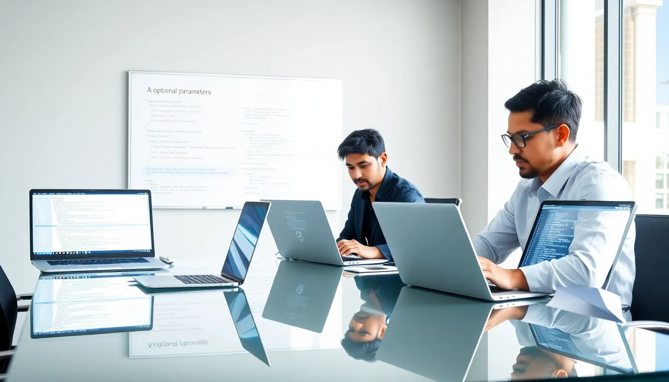 diverse developers collaborating on JavaScript in a modern office.